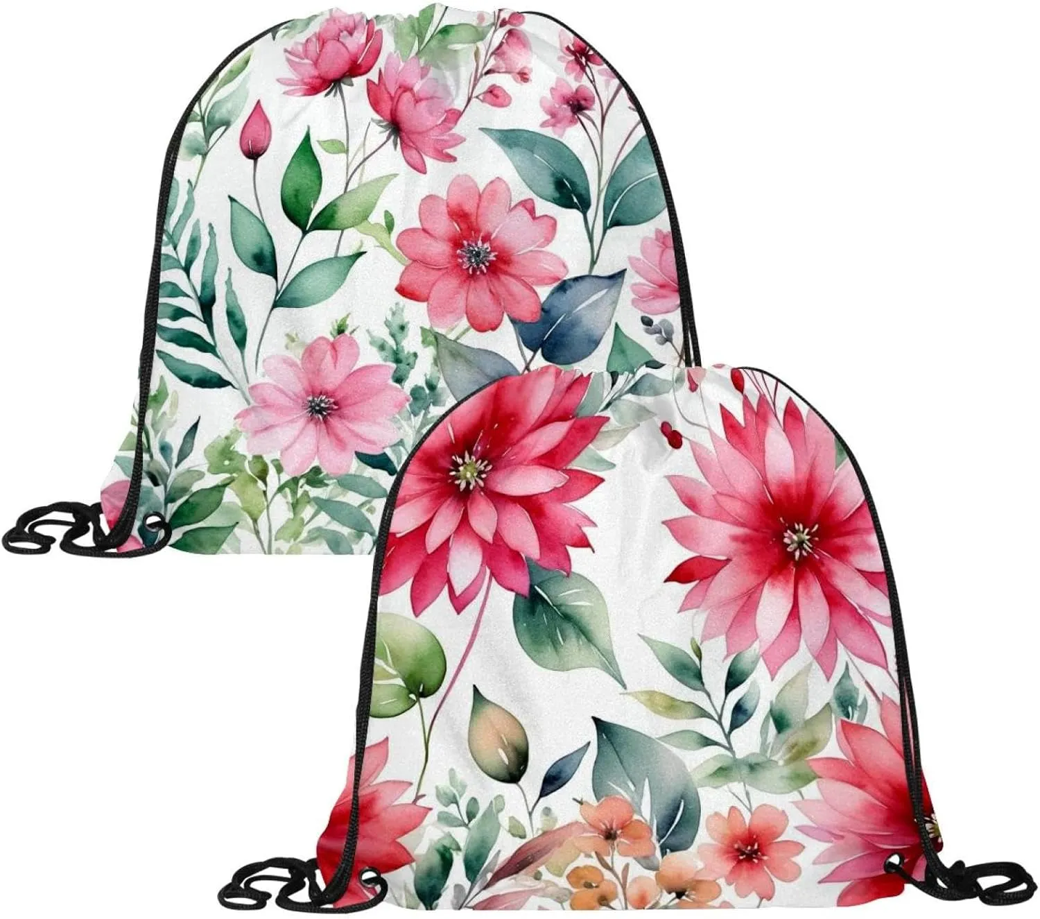2 Pieces Drawstring Backpacks, Pink Flowers with Leaves Draw String Back Bag Drawstring Bags for Sports, Gym, Travel, Swimming, Beach