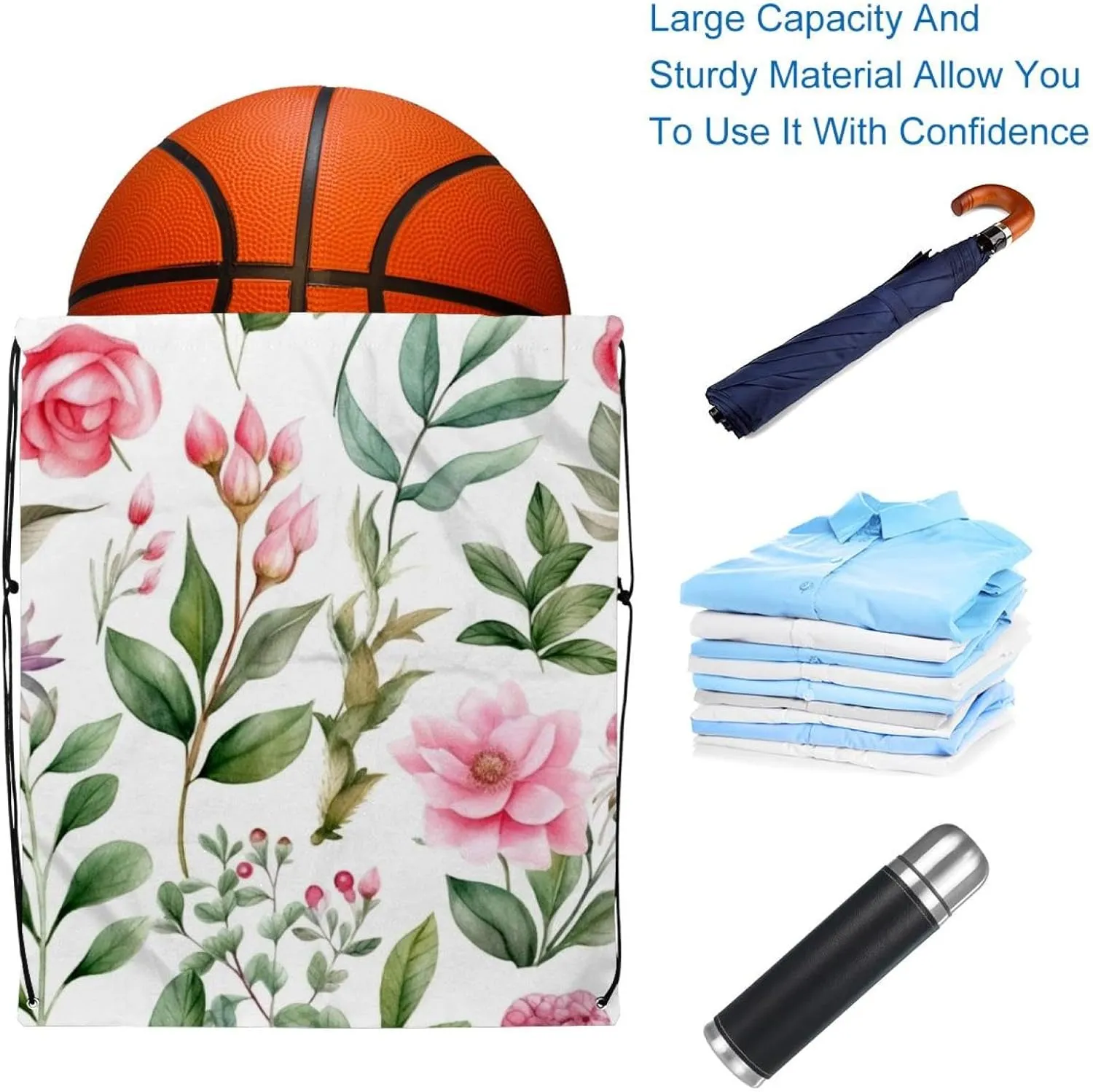 2 Pieces Drawstring Backpacks, Pink Flowers with Leaves Draw String Back Bag Drawstring Bags for Sports, Gym, Travel, Swimming, Beach
