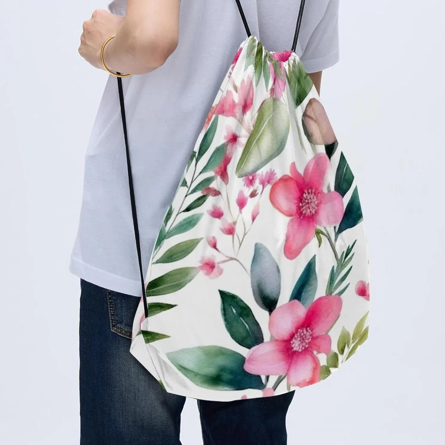 2 Pieces Drawstring Backpacks, Pink Flowers with Leaves Draw String Back Bag Drawstring Bags for Sports, Gym, Travel, Swimming, Beach