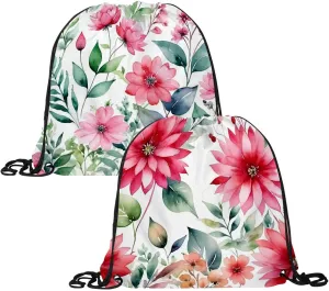 2 Pieces Drawstring Backpacks, Pink Flowers with Leaves Draw String Back Bag Drawstring Bags for Sports, Gym, Travel, Swimming, Beach