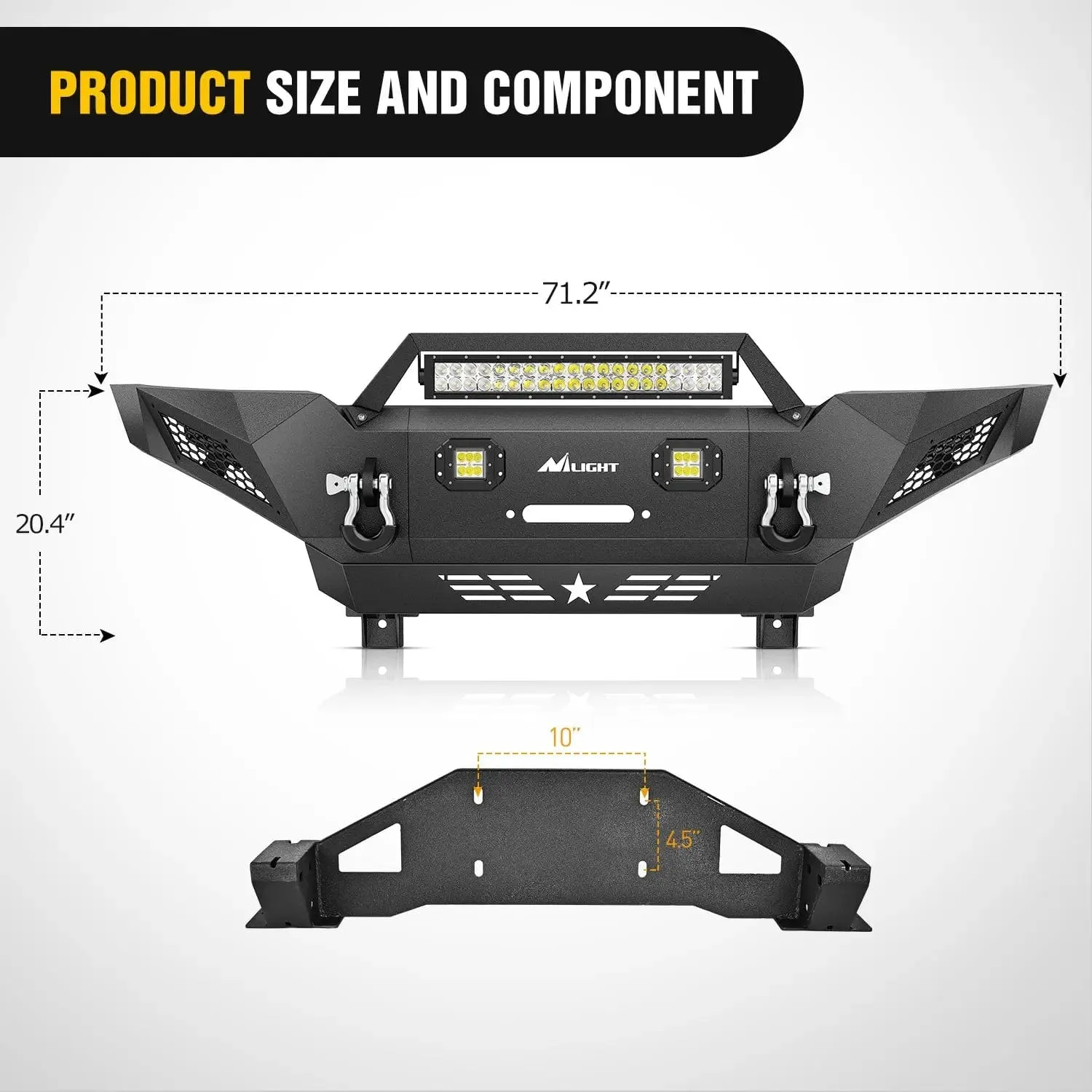 2005-2015 Toyota Tacoma Front Bumper Full Width Solid Steel Winch Plate Offroad 120W Light Bar 18w Pods