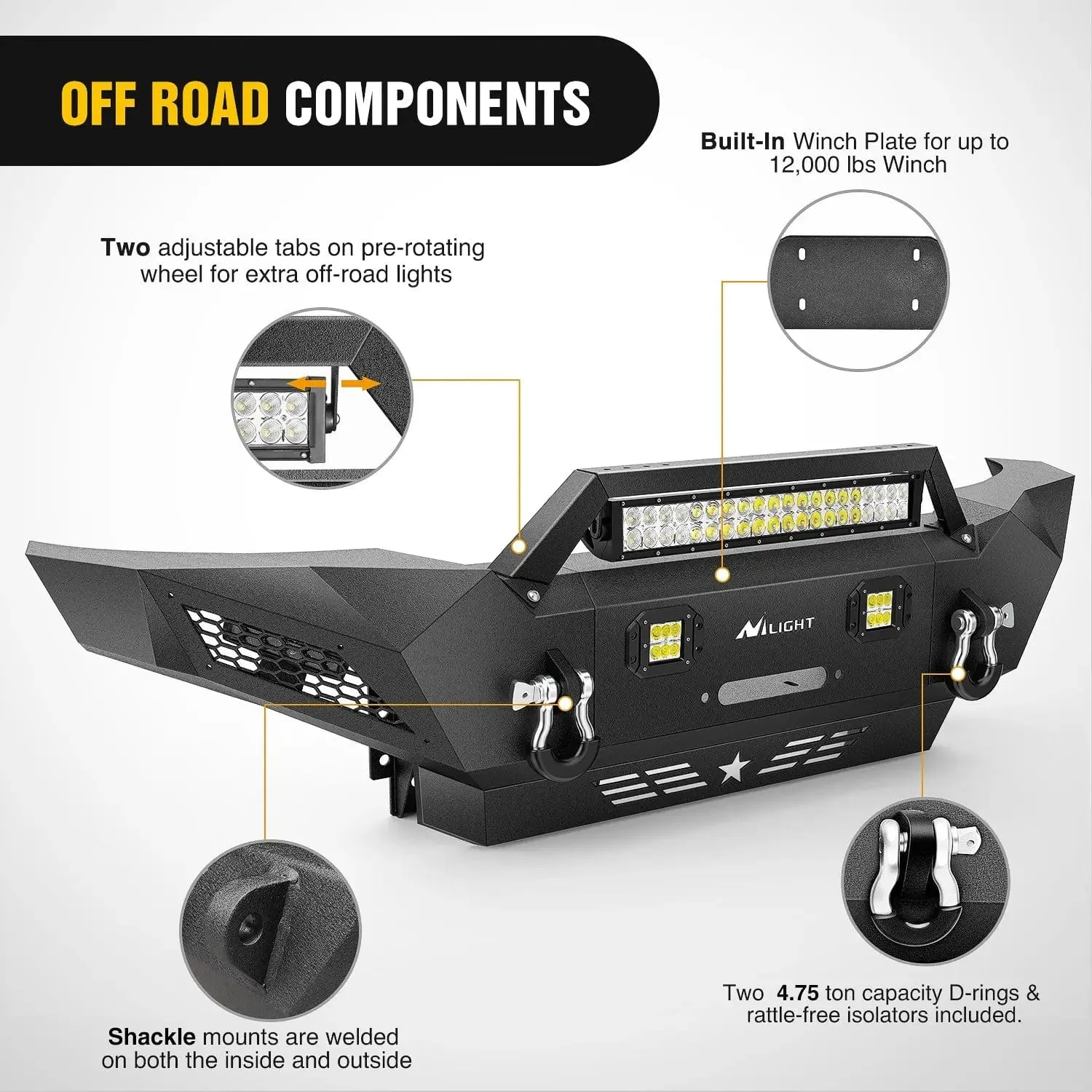 2005-2015 Toyota Tacoma Front Bumper Full Width Solid Steel Winch Plate Offroad 120W Light Bar 18w Pods