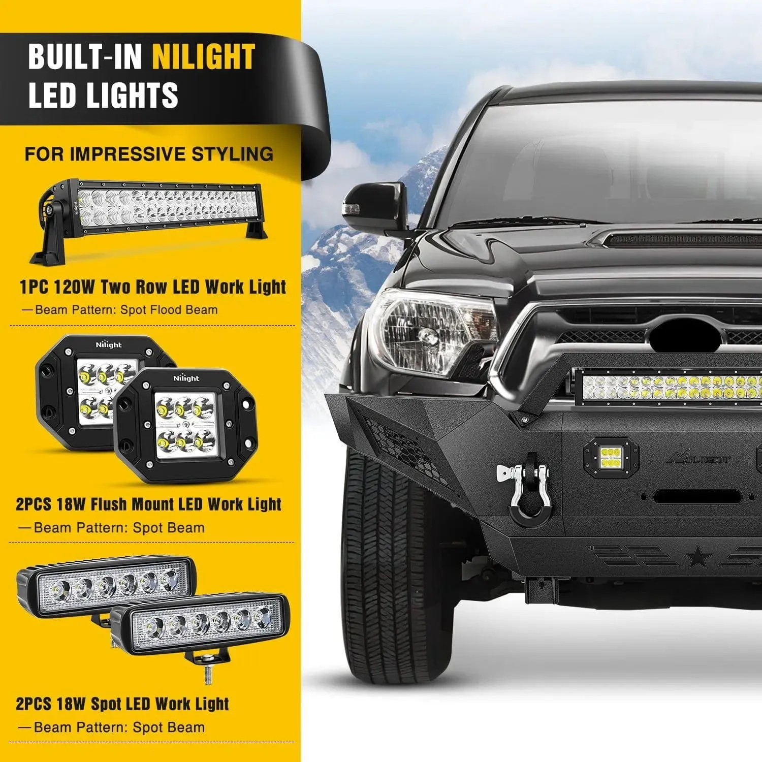 2005-2015 Toyota Tacoma Front Bumper Full Width Solid Steel Winch Plate Offroad 120W Light Bar 18w Pods