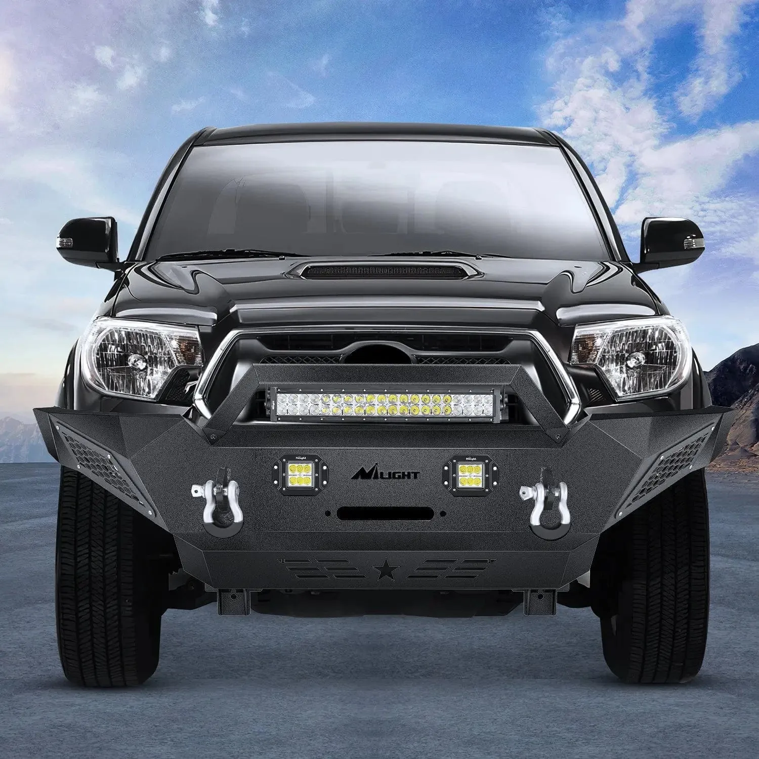 2005-2015 Toyota Tacoma Front Bumper Full Width Solid Steel Winch Plate Offroad 120W Light Bar 18w Pods