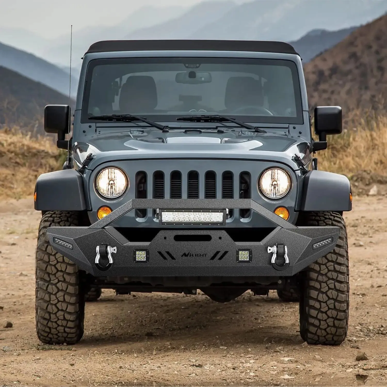2007-2018 Jeep Wrangler JK/JKU 2018-2025 JL/JLU 2020-2025 Gladiator JT Front Bumper with 72W LED Light Bar 2Pcs 18W Light Pod 2Pcs 18W Single Row Work Light Winch Plate