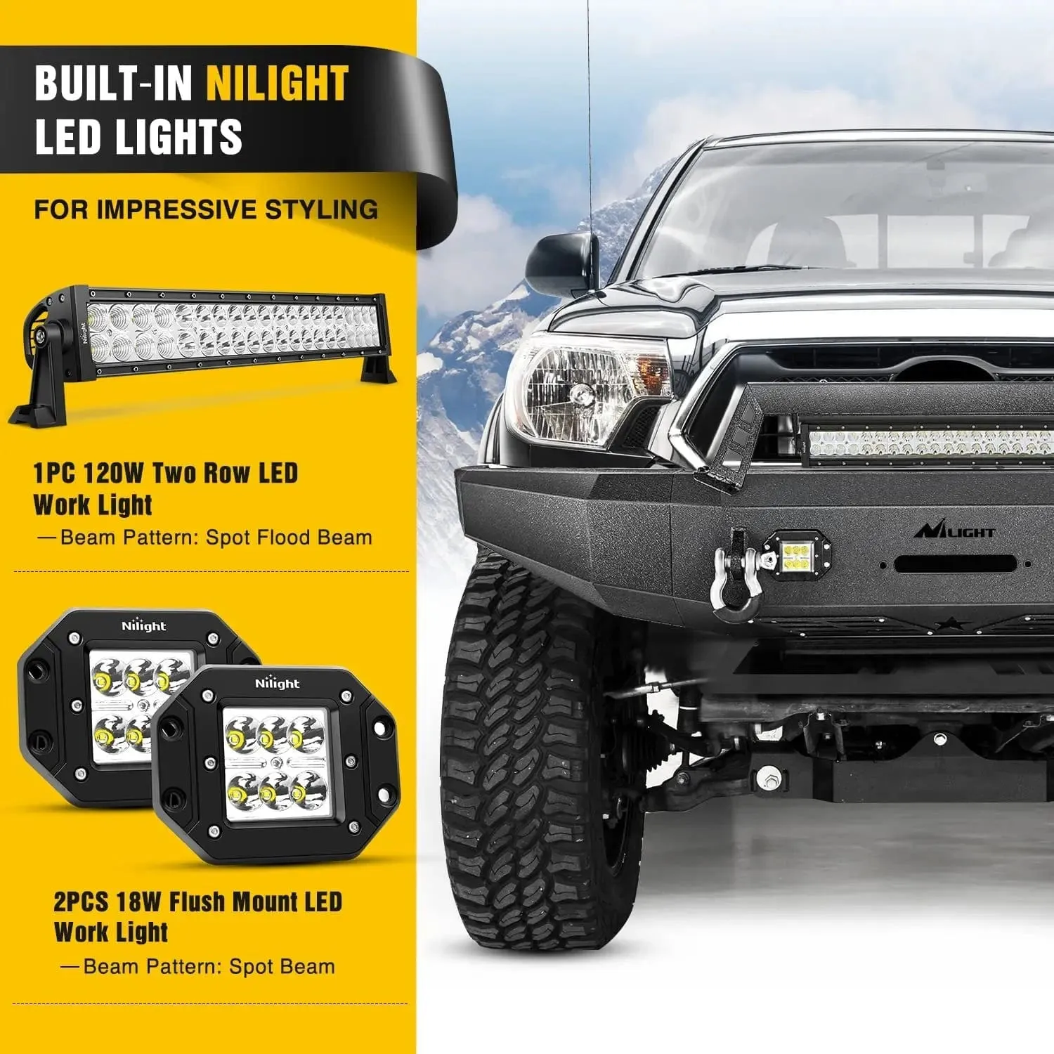 2014-2021 Toyota Tundra Front Bumper Full Width Steel with Winch Plate Offroad 120W Light Bar 18w LED Light Pods