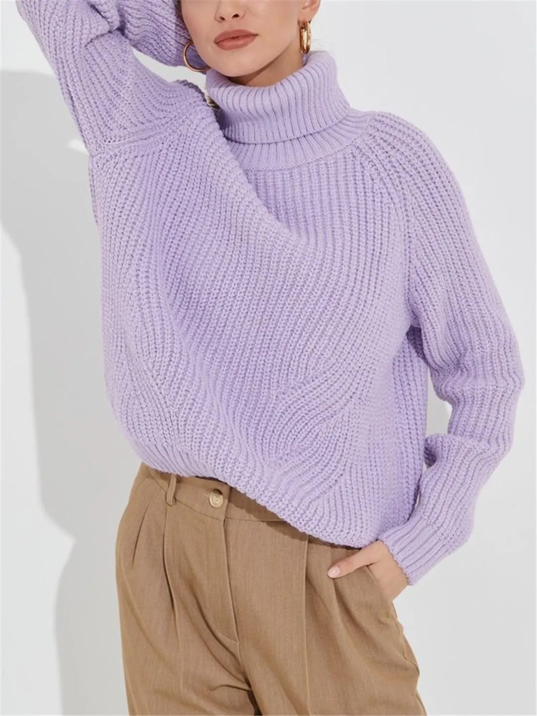 2023 Women's Turtlenecks Pullovers Purple Soft Thick Knitted Top with Sleeves Autumn Winter Basic Oversize Sweater for Women