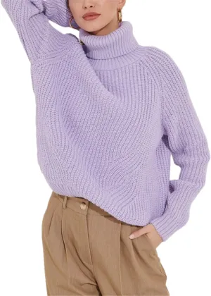 2023 Women's Turtlenecks Pullovers Purple Soft Thick Knitted Top with Sleeves Autumn Winter Basic Oversize Sweater for Women