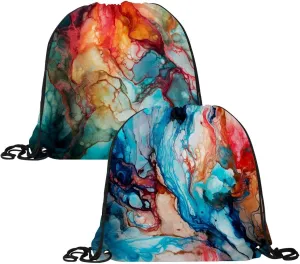 2PCS Marble Draw String Bags Drawstring Backpack for Sports, Gym, Travel, Swimming, Beach