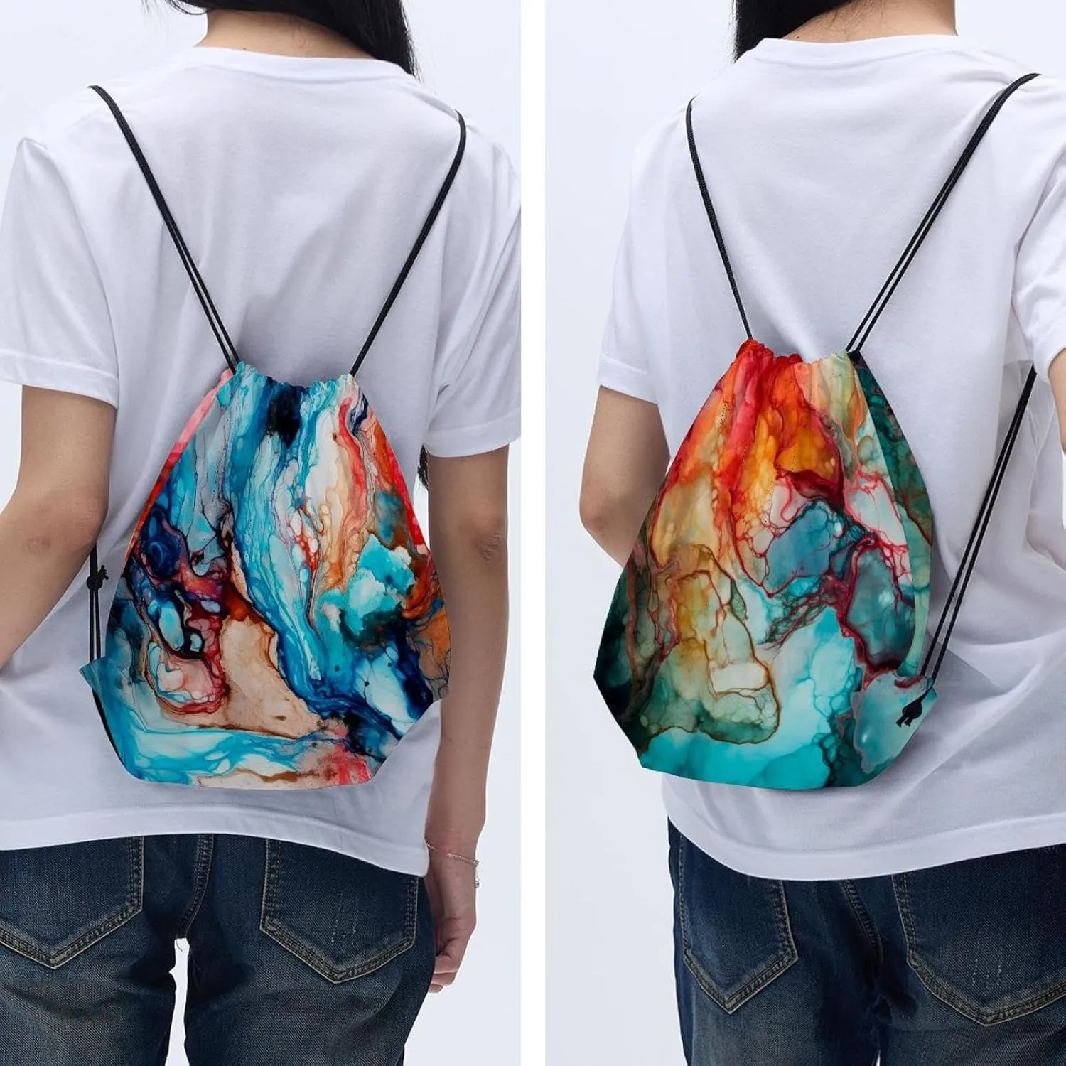 2PCS Marble Draw String Bags Drawstring Backpack for Sports, Gym, Travel, Swimming, Beach