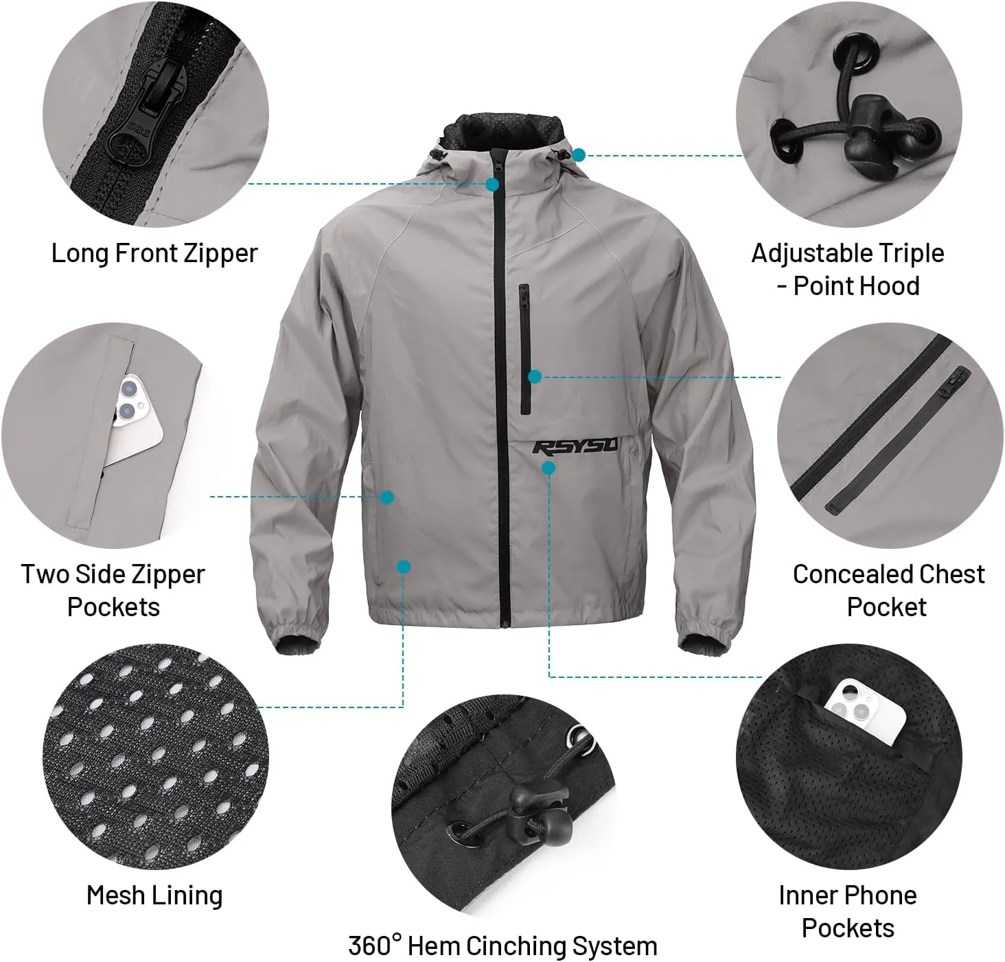 360° Men's Reflective Jacket Windbreaker Waterproof Zipper Breathable for Night Cycling, Motorcycle, Running, Hiking