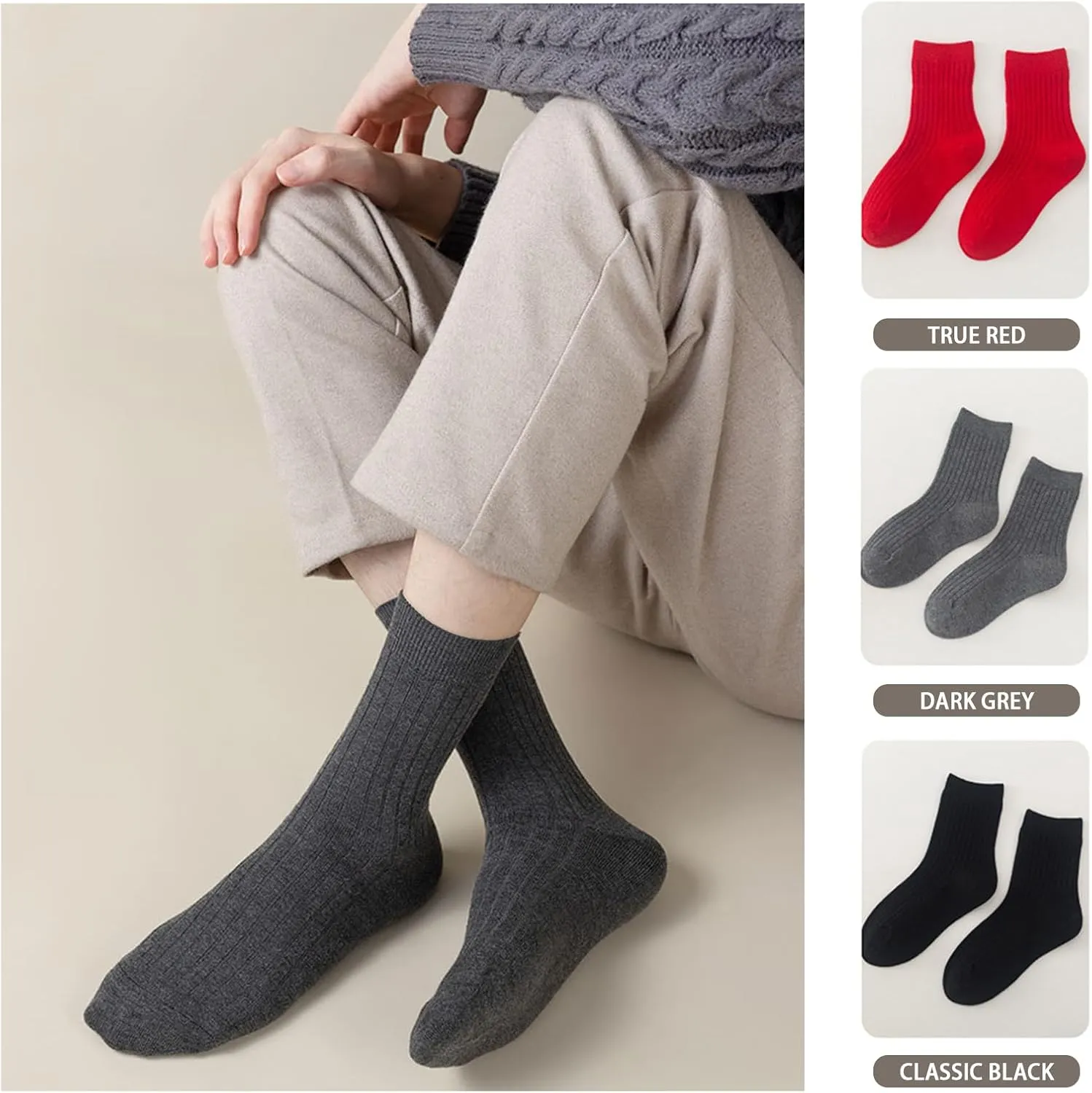 50% Wool   8% Cashmere Mens Lightweight Socks  Soft, Breathable, All-Season Comfort  5 Pairs (Black/Red/Gray)