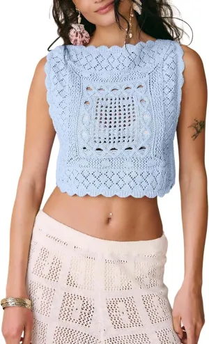 Amiblvowa Knit Vest Top Women Y2k Sexy Summer Slim Fit Crewneck Tank Sleeveless Going Out Knitted Cropped Crochet Sweater