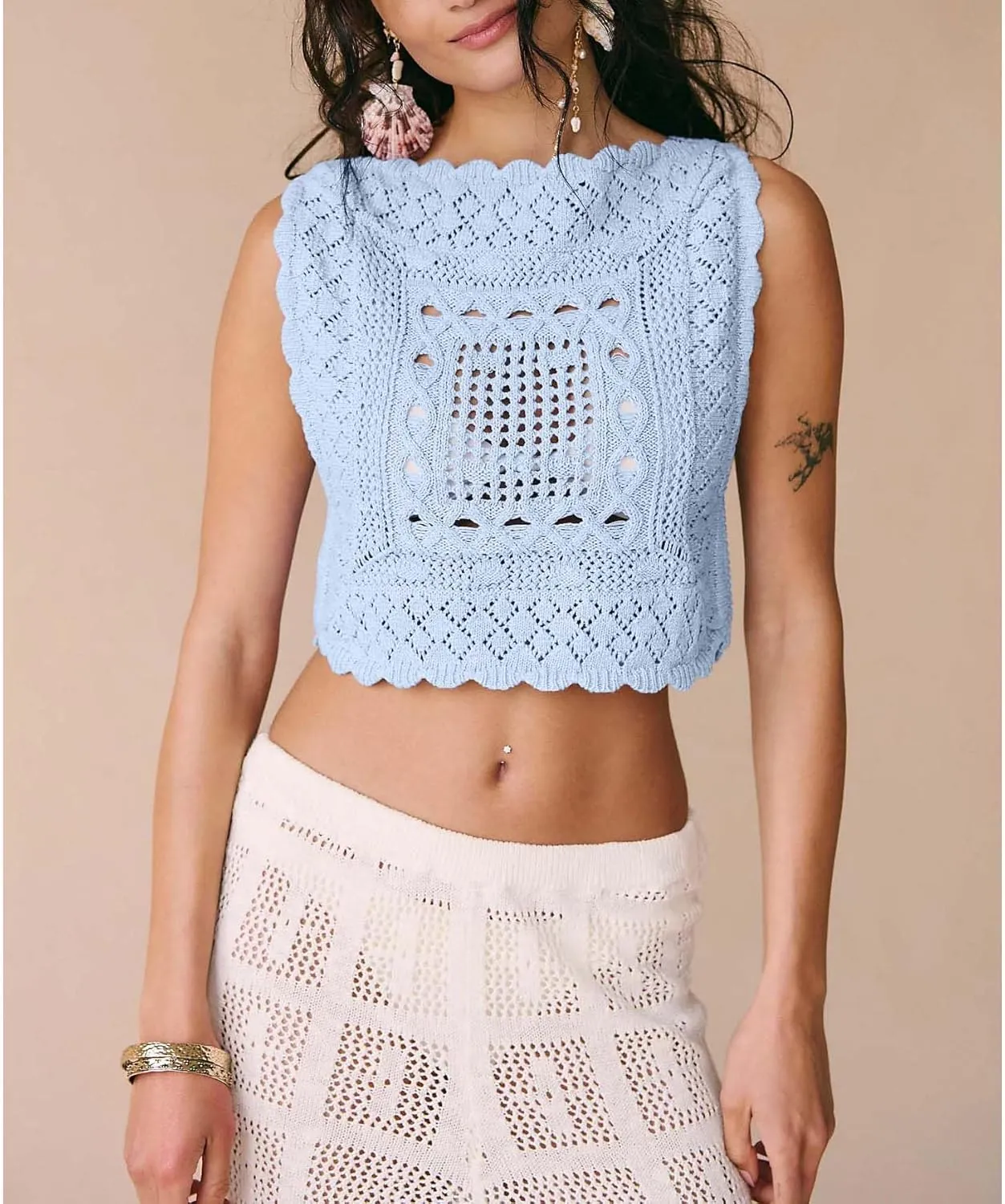Amiblvowa Knit Vest Top Women Y2k Sexy Summer Slim Fit Crewneck Tank Sleeveless Going Out Knitted Cropped Crochet Sweater