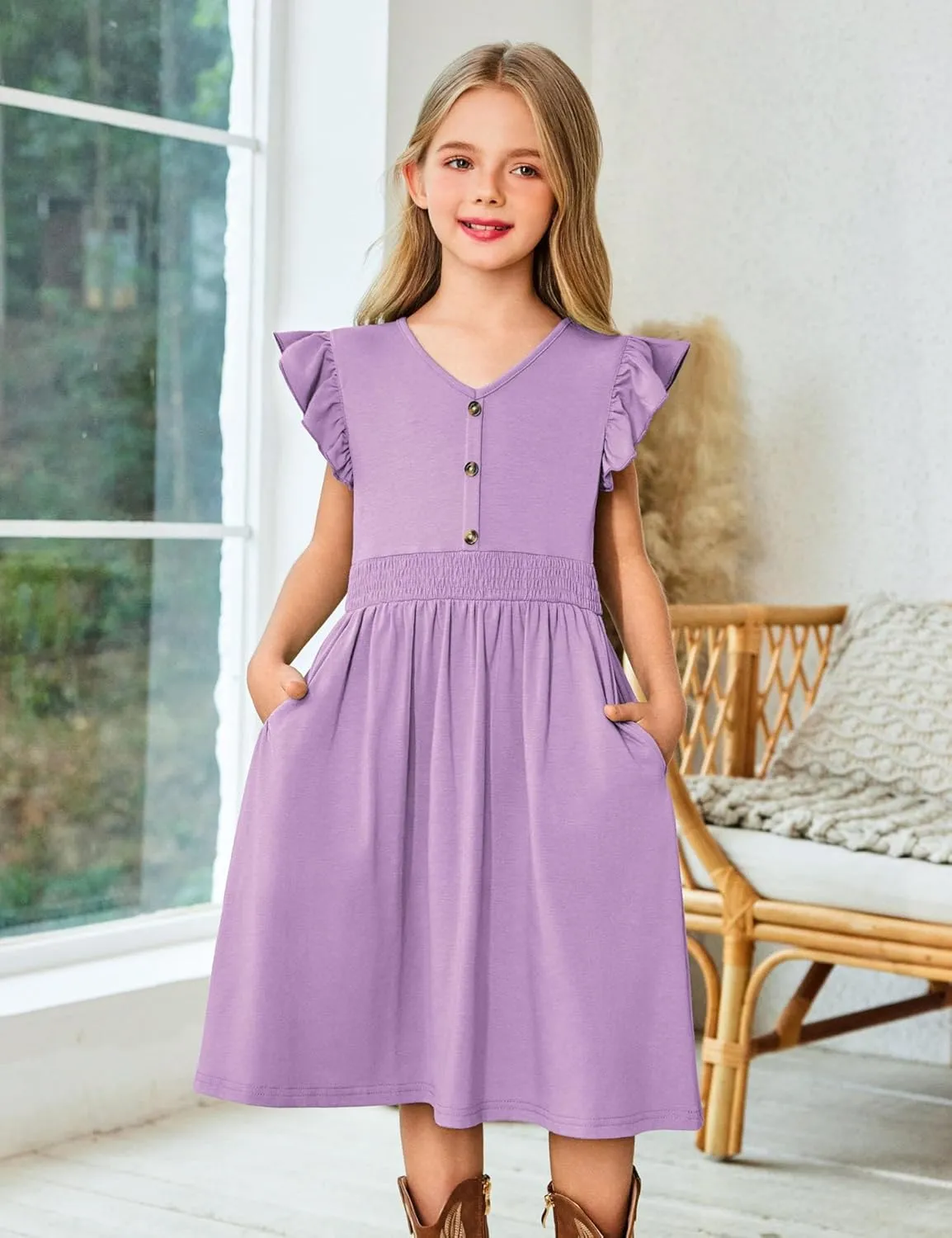 Arshiner Girls Dresses Ruffle Sleeve A-Line V-Neck Sundress Summer Swing Midi Dress with Pockets