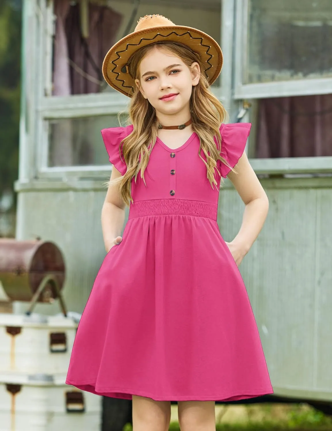 Arshiner Girls Dresses Ruffle Sleeve A-Line V-Neck Sundress Summer Swing Midi Dress with Pockets