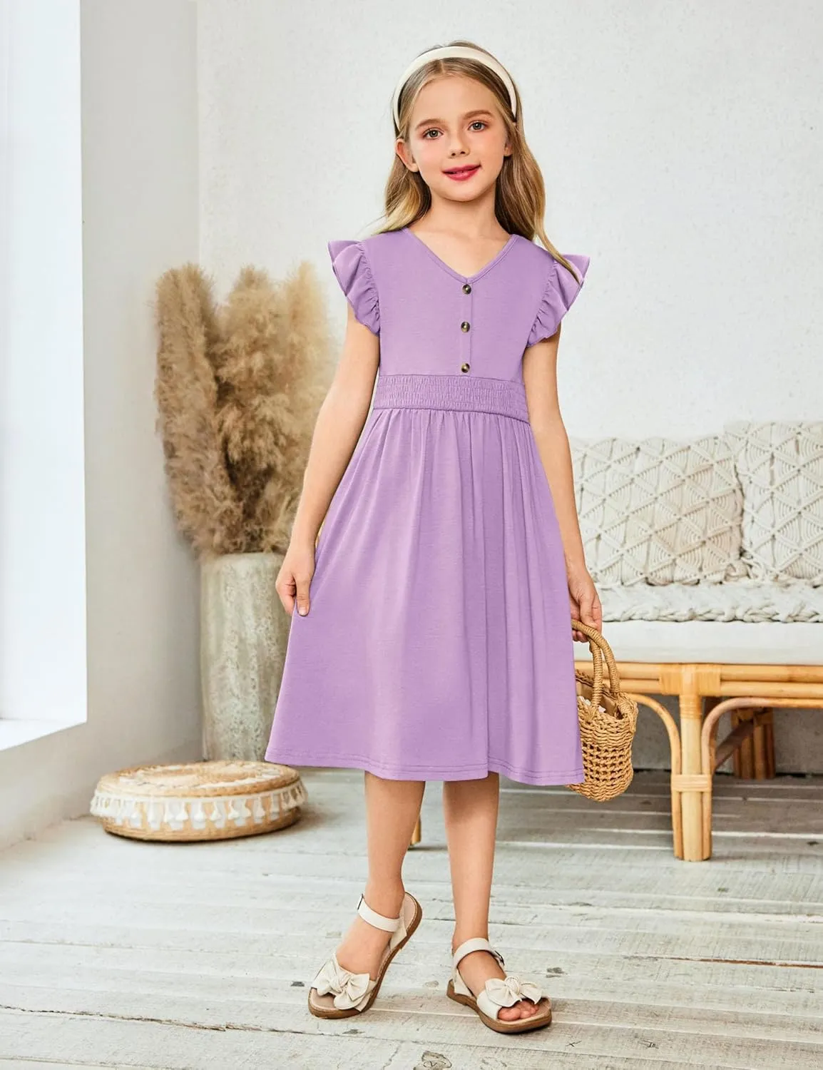 Arshiner Girls Dresses Ruffle Sleeve A-Line V-Neck Sundress Summer Swing Midi Dress with Pockets