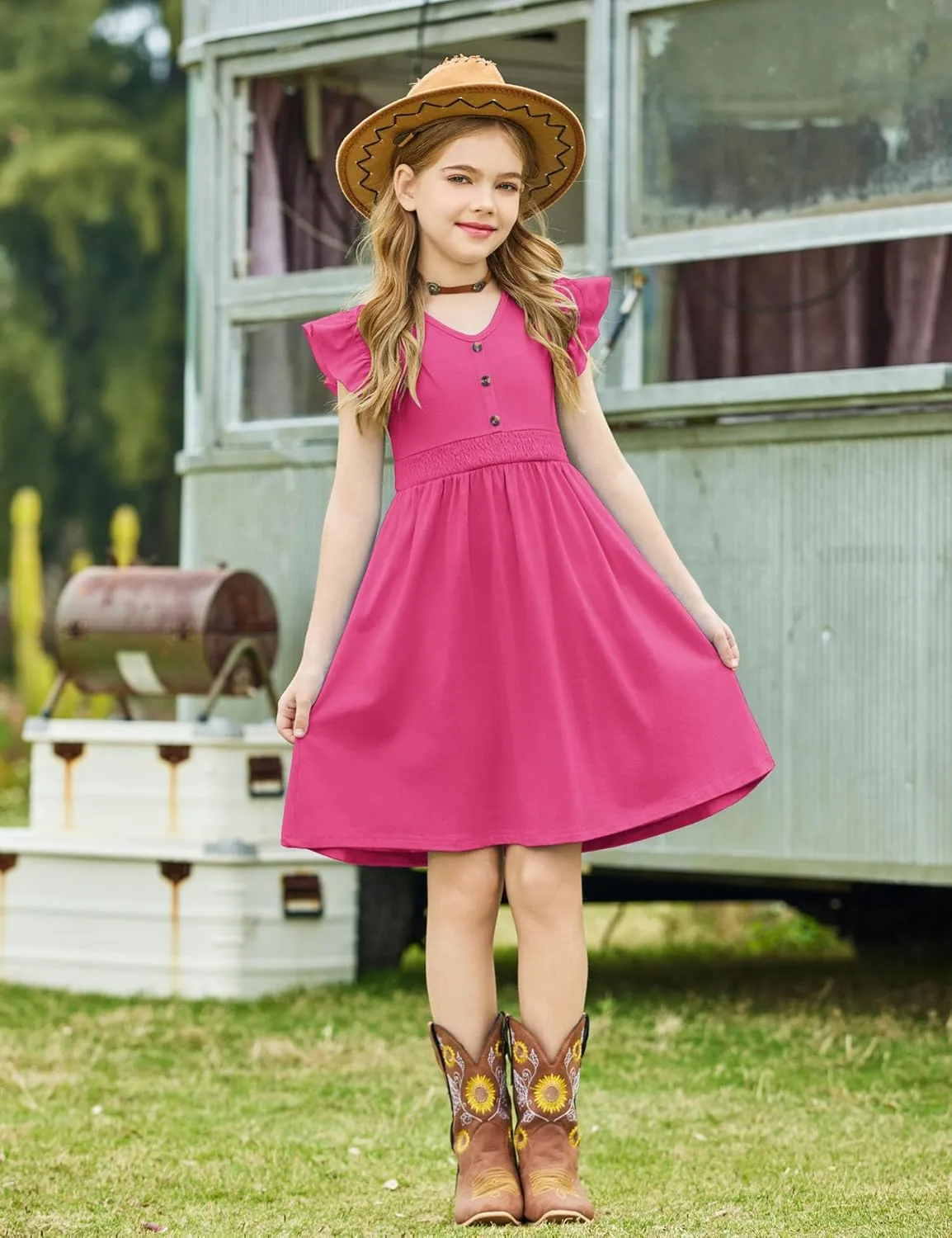 Arshiner Girls Dresses Ruffle Sleeve A-Line V-Neck Sundress Summer Swing Midi Dress with Pockets