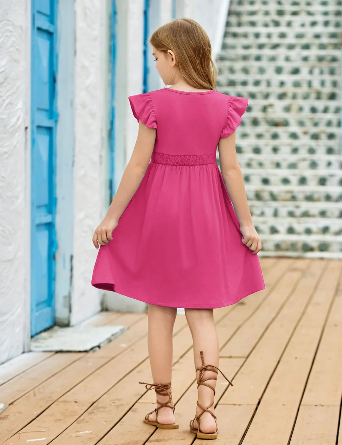 Arshiner Girls Dresses Ruffle Sleeve A-Line V-Neck Sundress Summer Swing Midi Dress with Pockets