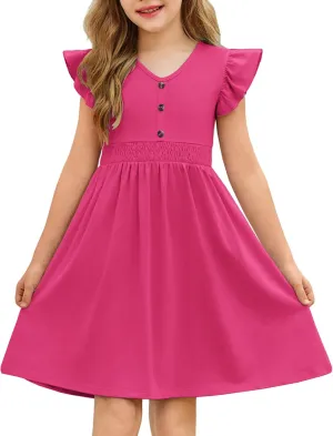 Arshiner Girls Dresses Ruffle Sleeve A-Line V-Neck Sundress Summer Swing Midi Dress with Pockets
