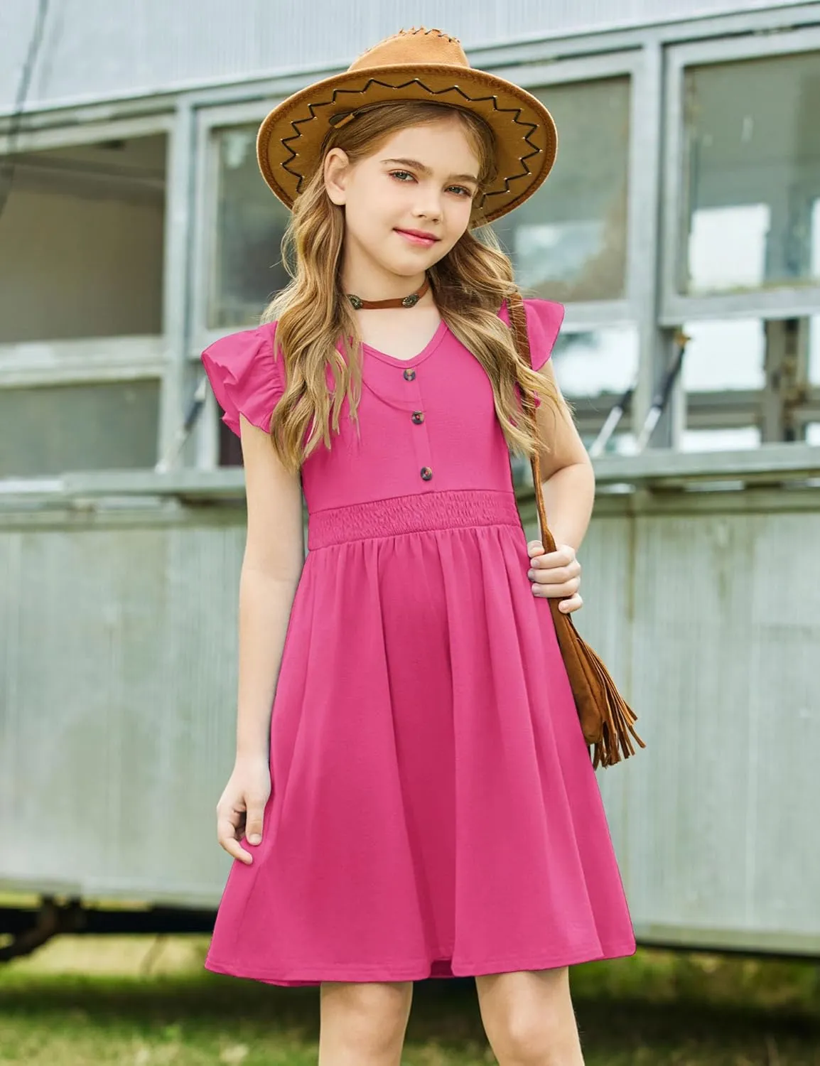 Arshiner Girls Dresses Ruffle Sleeve A-Line V-Neck Sundress Summer Swing Midi Dress with Pockets