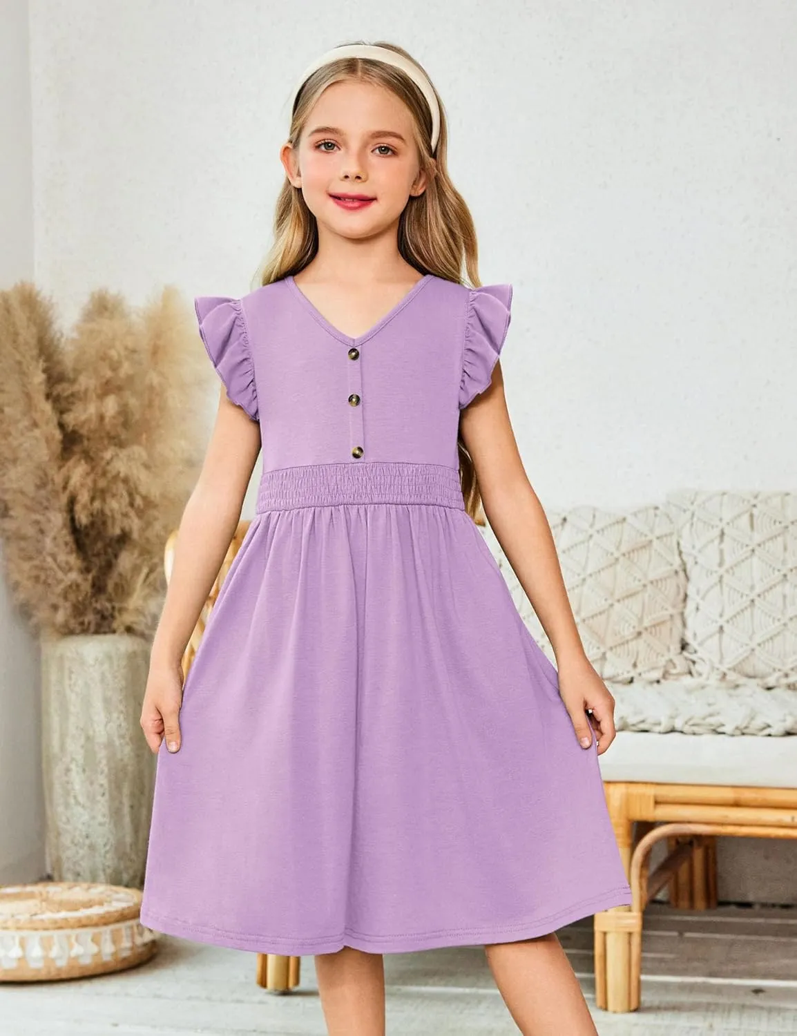 Arshiner Girls Dresses Ruffle Sleeve A-Line V-Neck Sundress Summer Swing Midi Dress with Pockets