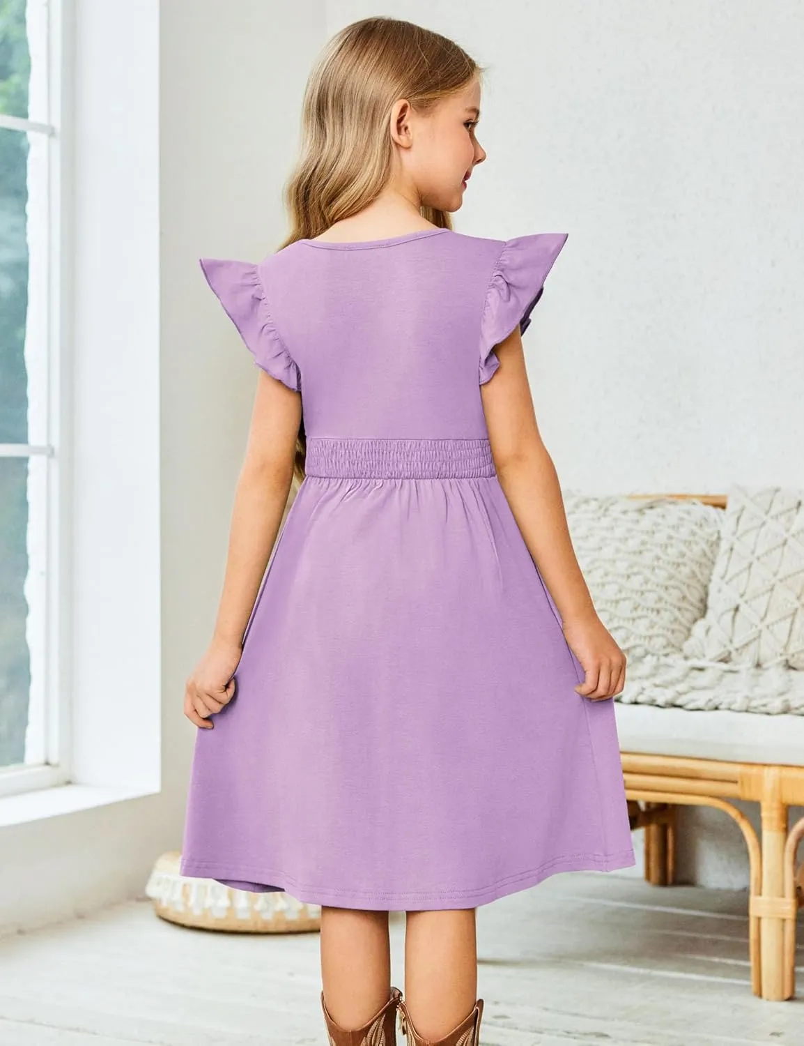 Arshiner Girls Dresses Ruffle Sleeve A-Line V-Neck Sundress Summer Swing Midi Dress with Pockets