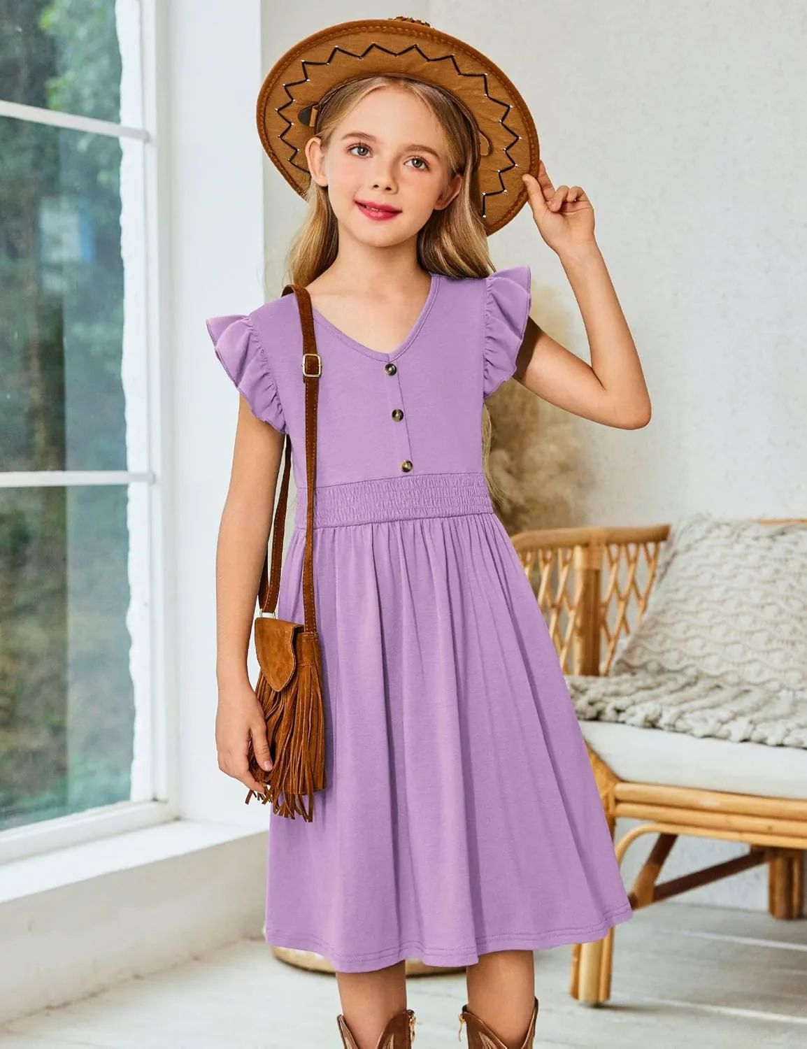 Arshiner Girls Dresses Ruffle Sleeve A-Line V-Neck Sundress Summer Swing Midi Dress with Pockets