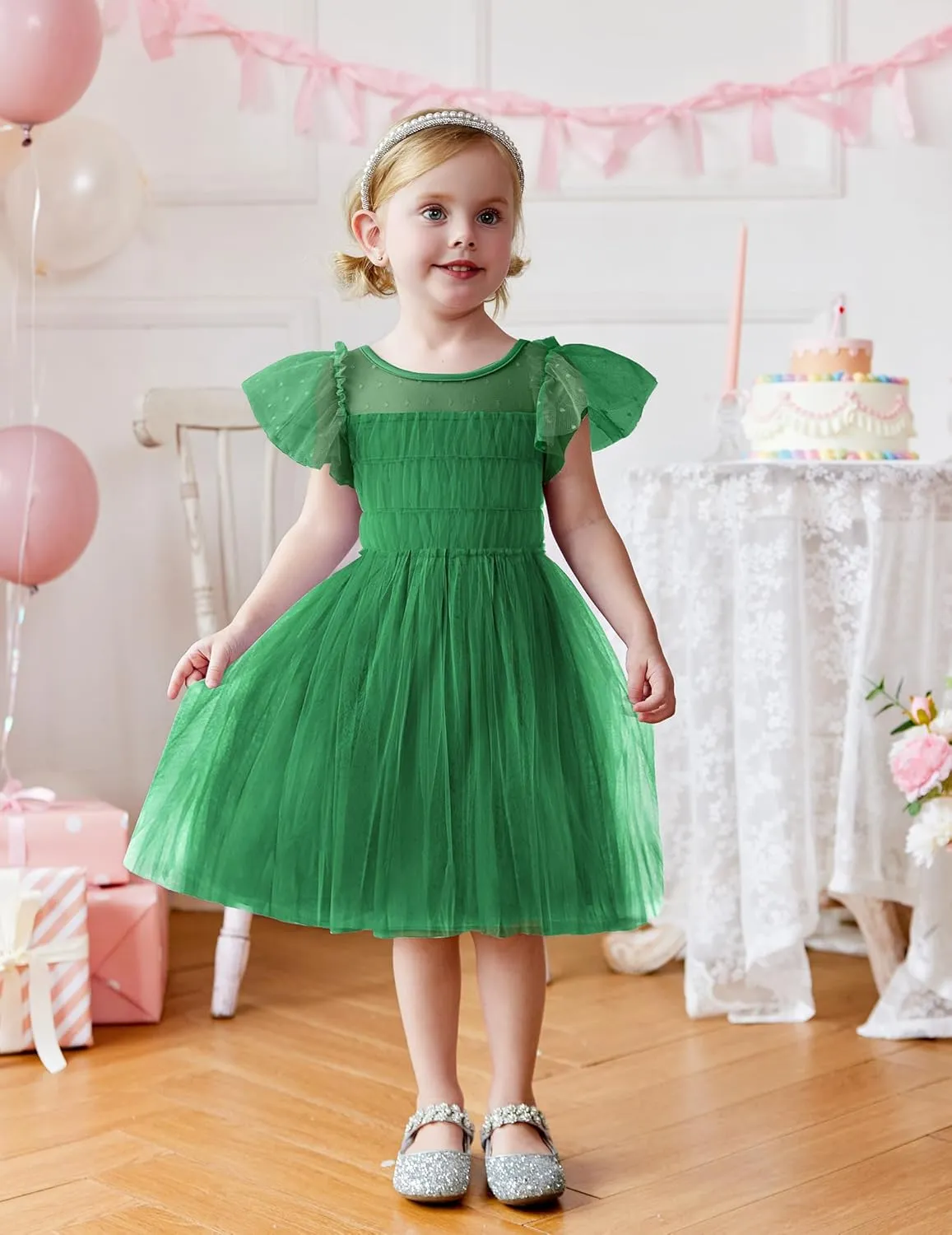 Arshiner Little Girl Dresses Contrast Mesh Ruffle Sleeve Birthday Holiday Princess Toddler Tulle Dress for 2-7 Years Old