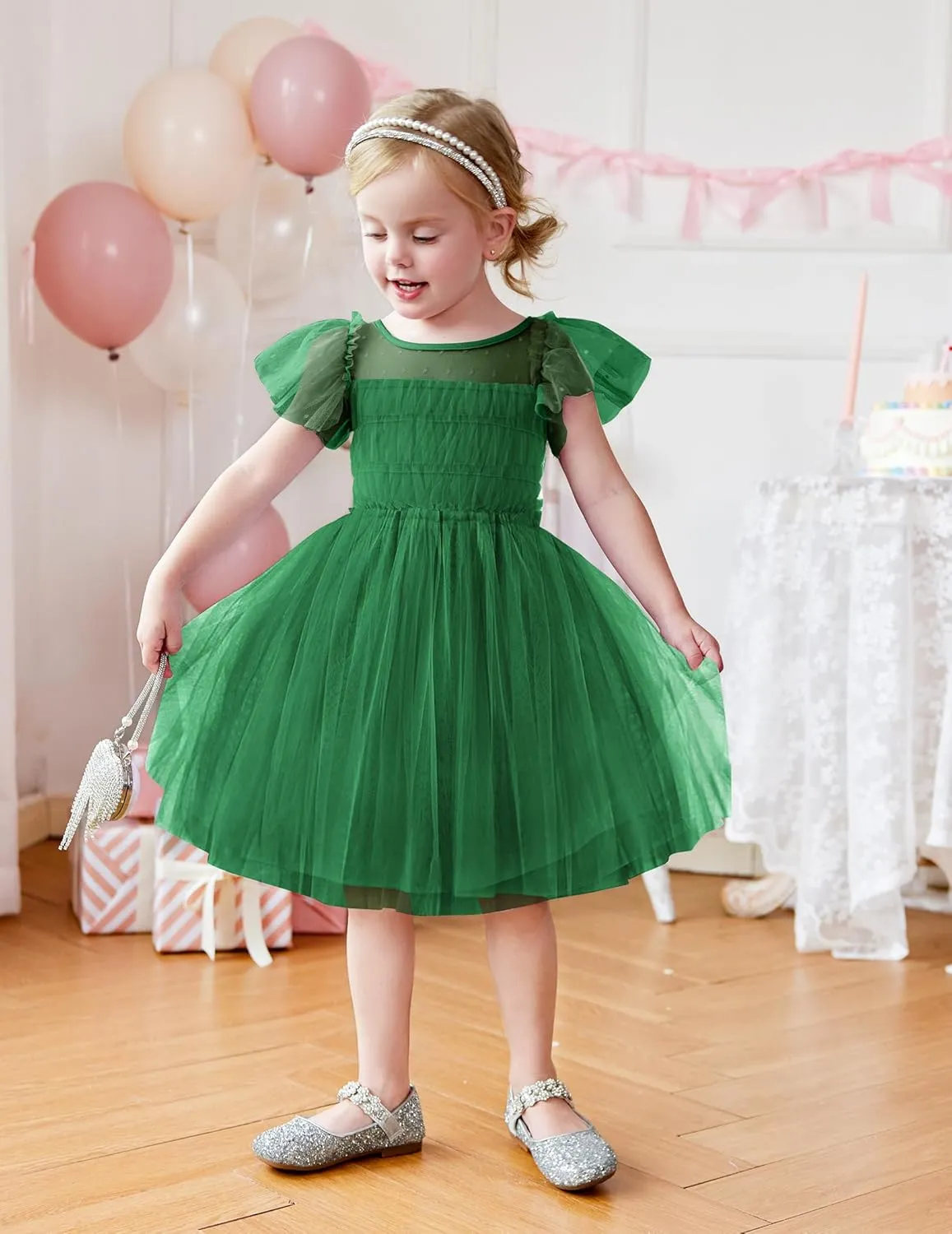 Arshiner Little Girl Dresses Contrast Mesh Ruffle Sleeve Birthday Holiday Princess Toddler Tulle Dress for 2-7 Years Old