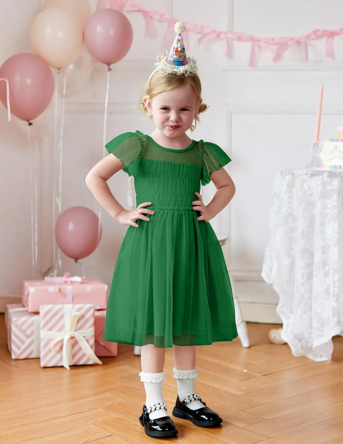 Arshiner Little Girl Dresses Contrast Mesh Ruffle Sleeve Birthday Holiday Princess Toddler Tulle Dress for 2-7 Years Old