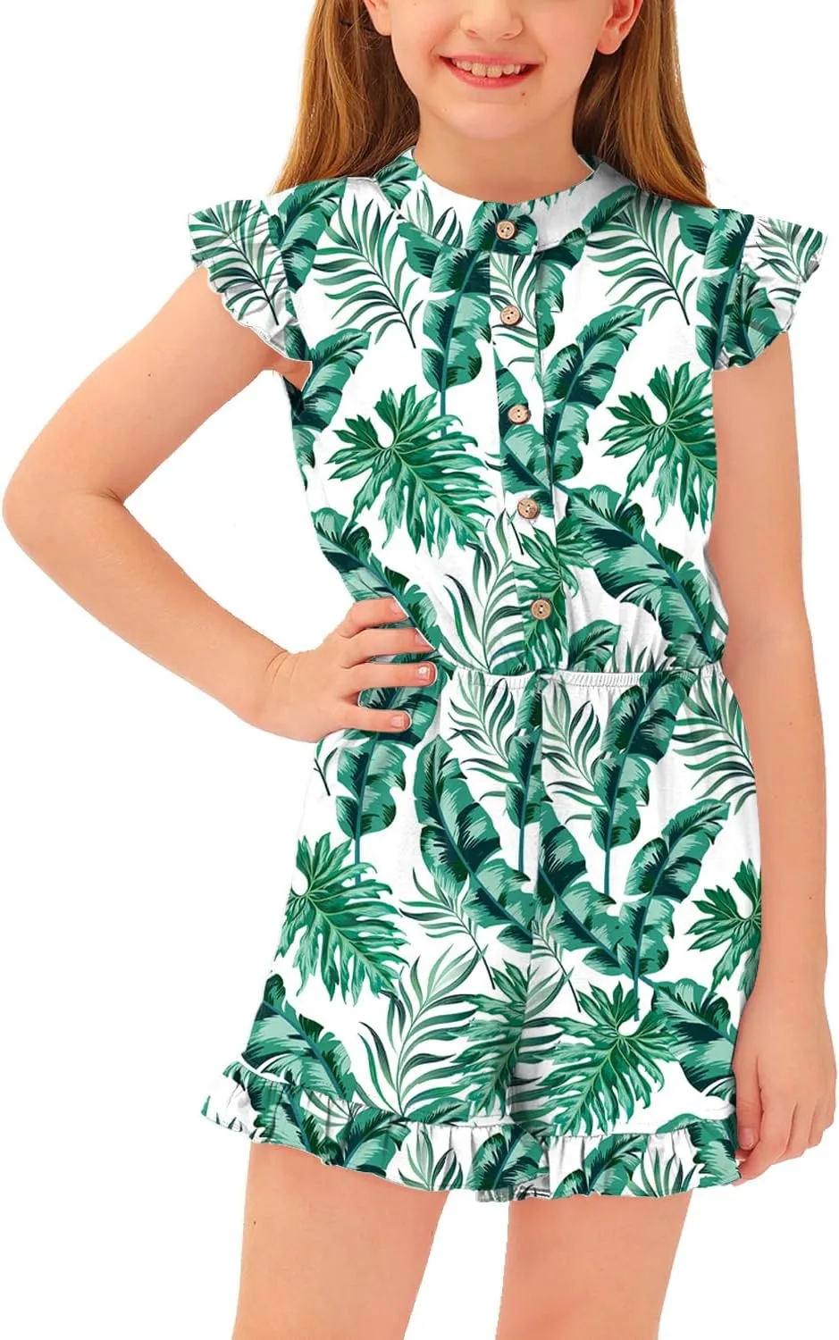BesserBay Girl's Summer Ruffled Flutter-Sleeve Jumpsuit Button Down Crewneck Romper 5-14 Years