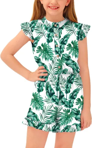 BesserBay Girl's Summer Ruffled Flutter-Sleeve Jumpsuit Button Down Crewneck Romper 5-14 Years