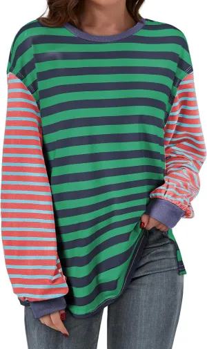 BLENCOT Women's Oversized Patchwork T Shirts Fall Long Sleeve Striped Color Block Loose Fit Pullover Tops