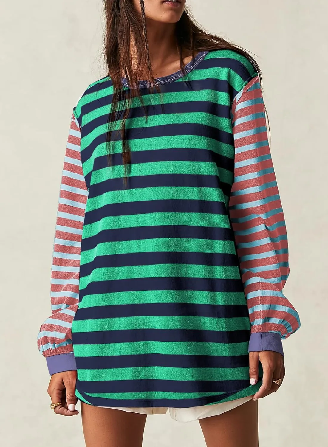 BLENCOT Women's Oversized Patchwork T Shirts Fall Long Sleeve Striped Color Block Loose Fit Pullover Tops