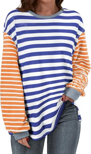 BLENCOT Women's Oversized Patchwork T Shirts Fall Long Sleeve Striped Color Block Loose Fit Pullover Tops