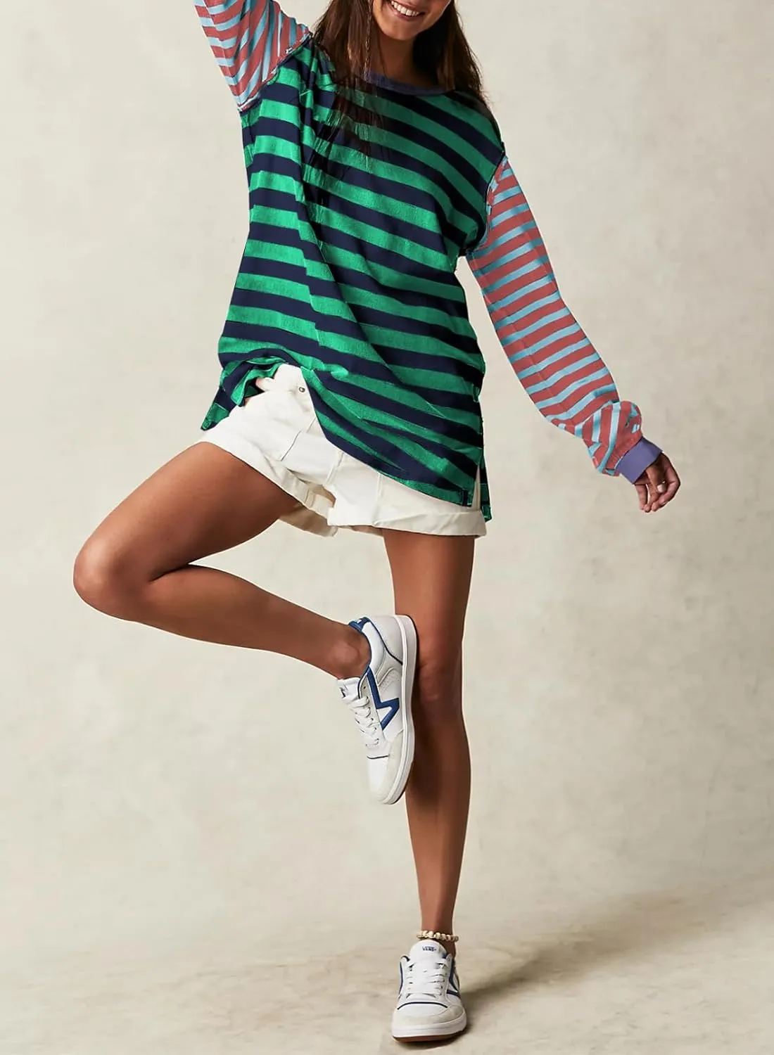 BLENCOT Women's Oversized Patchwork T Shirts Fall Long Sleeve Striped Color Block Loose Fit Pullover Tops