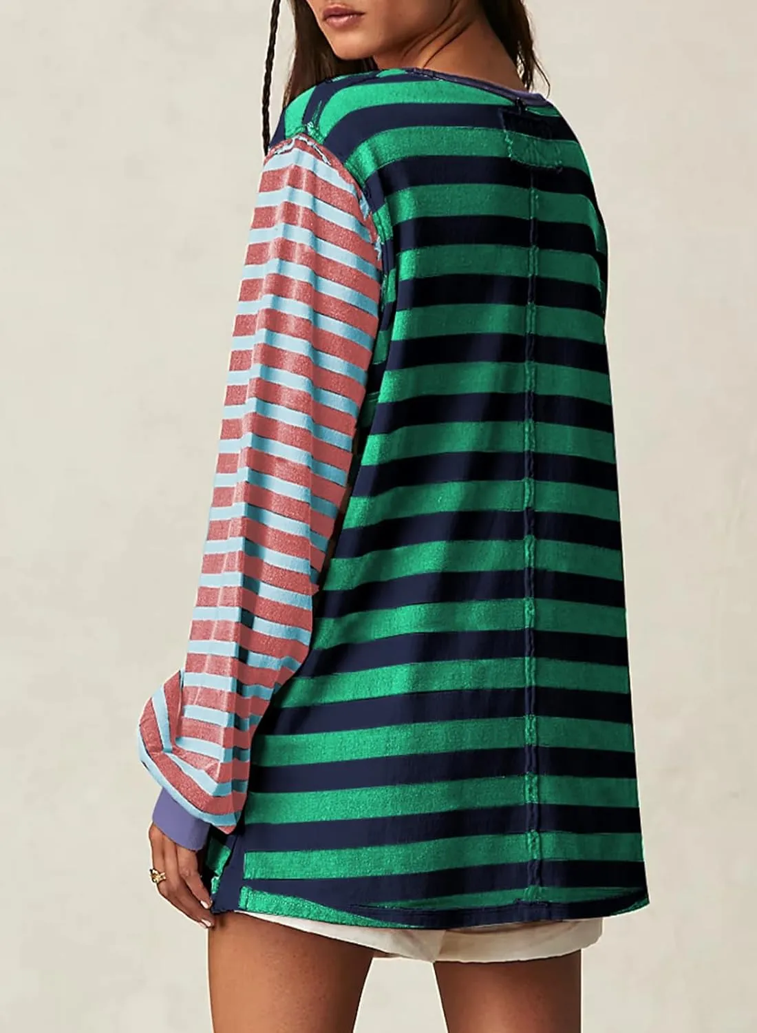 BLENCOT Women's Oversized Patchwork T Shirts Fall Long Sleeve Striped Color Block Loose Fit Pullover Tops