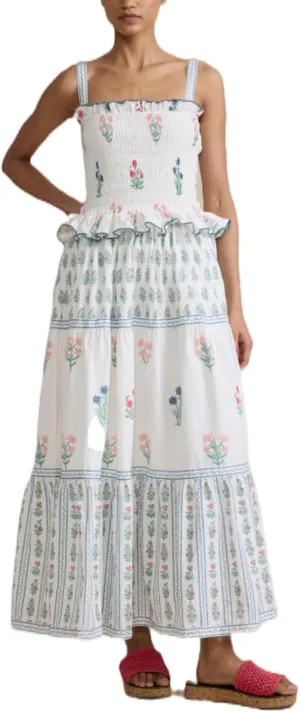 Bohemian Smocked Maxi Dresses for Women Summer Spaghetti Strap Floral Print Sundress Ruffle Color Block Tiered Dress