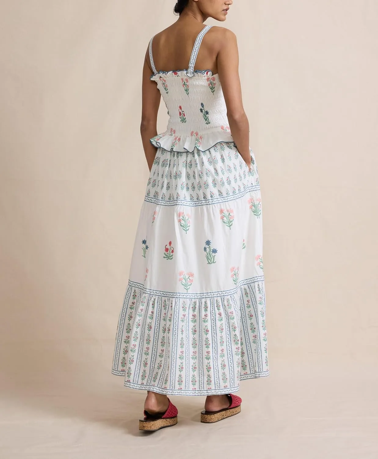 Bohemian Smocked Maxi Dresses for Women Summer Spaghetti Strap Floral Print Sundress Ruffle Color Block Tiered Dress
