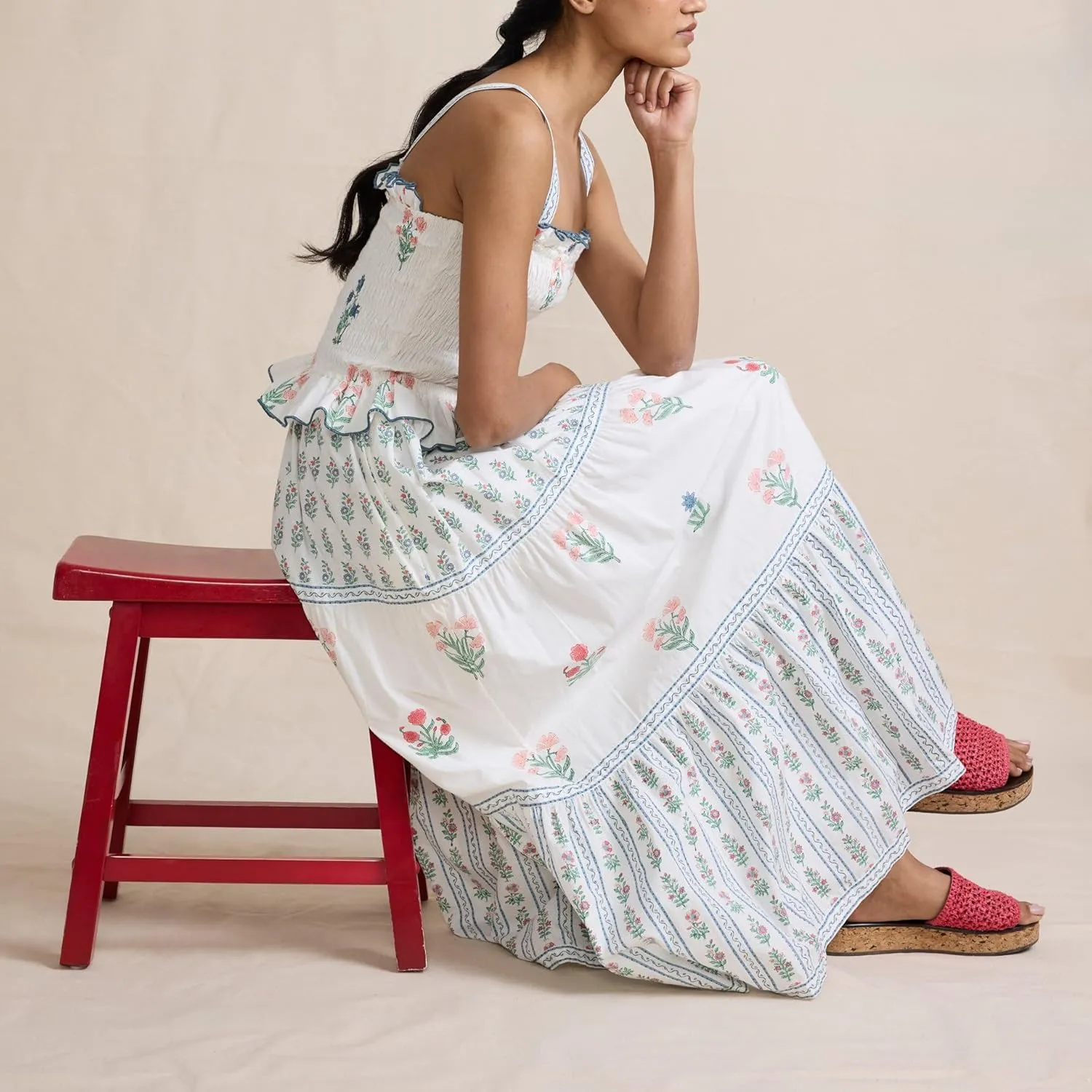 Bohemian Smocked Maxi Dresses for Women Summer Spaghetti Strap Floral Print Sundress Ruffle Color Block Tiered Dress
