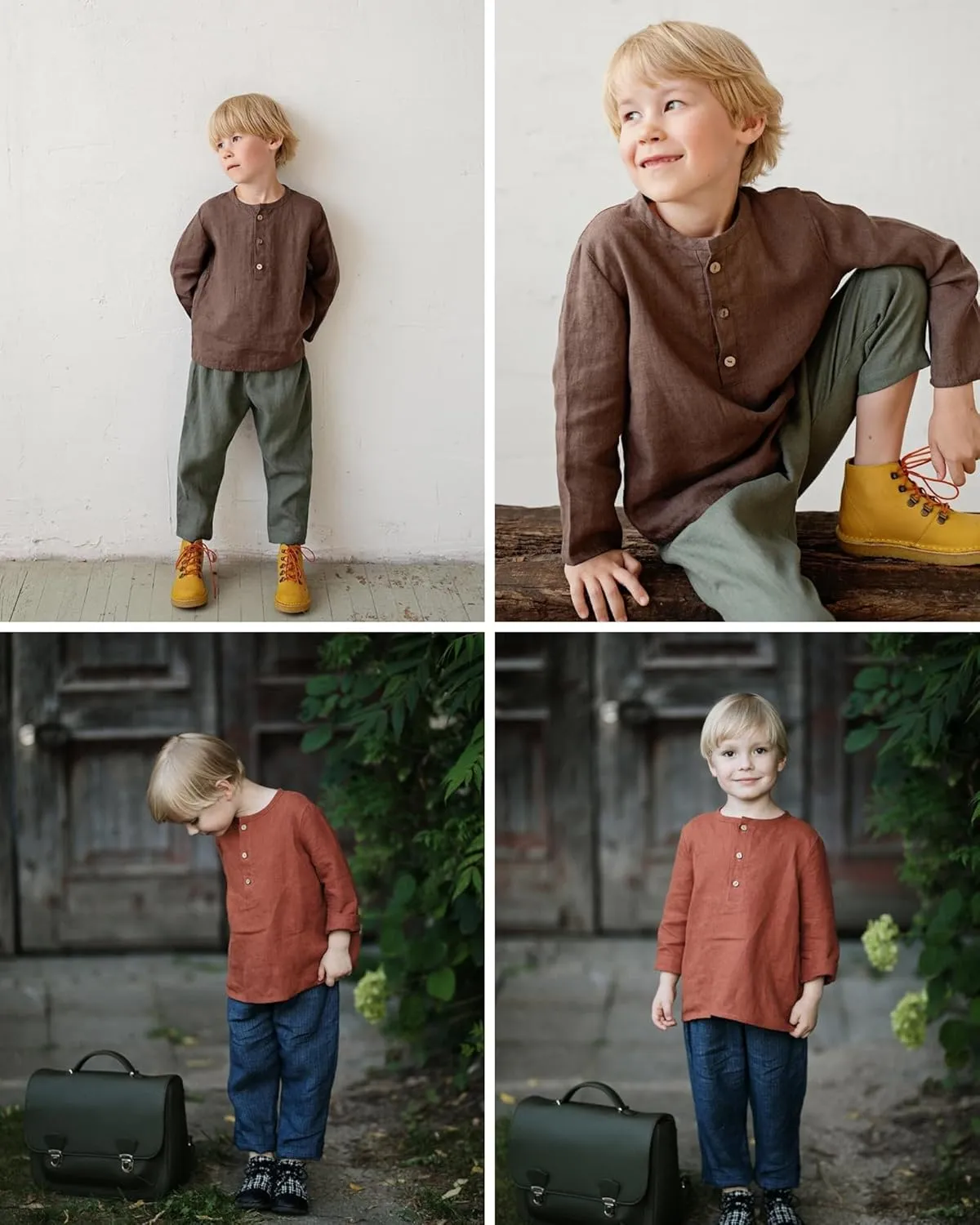 Boys Linen Henley Shirt for Kids Button Down Long Sleeve Dress Shirts Summer Beach Casual T Shirt