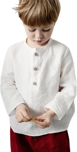 Boys Linen Henley Shirt for Kids Button Down Long Sleeve Dress Shirts Summer Beach Casual T Shirt