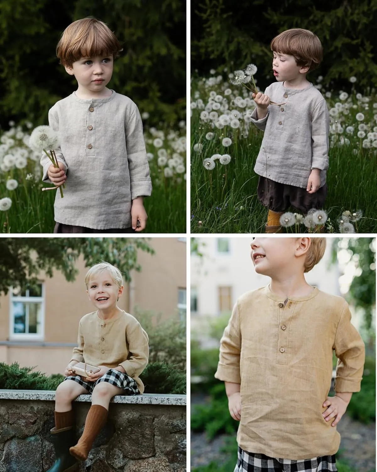 Boys Linen Henley Shirt for Kids Button Down Long Sleeve Dress Shirts Summer Beach Casual T Shirt