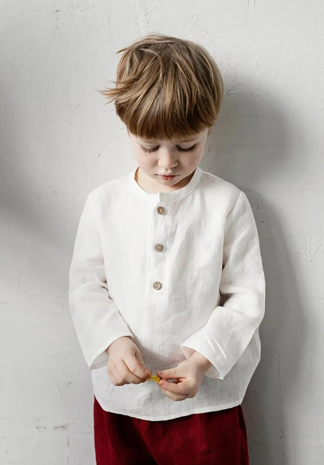 Boys Linen Henley Shirt for Kids Button Down Long Sleeve Dress Shirts Summer Beach Casual T Shirt