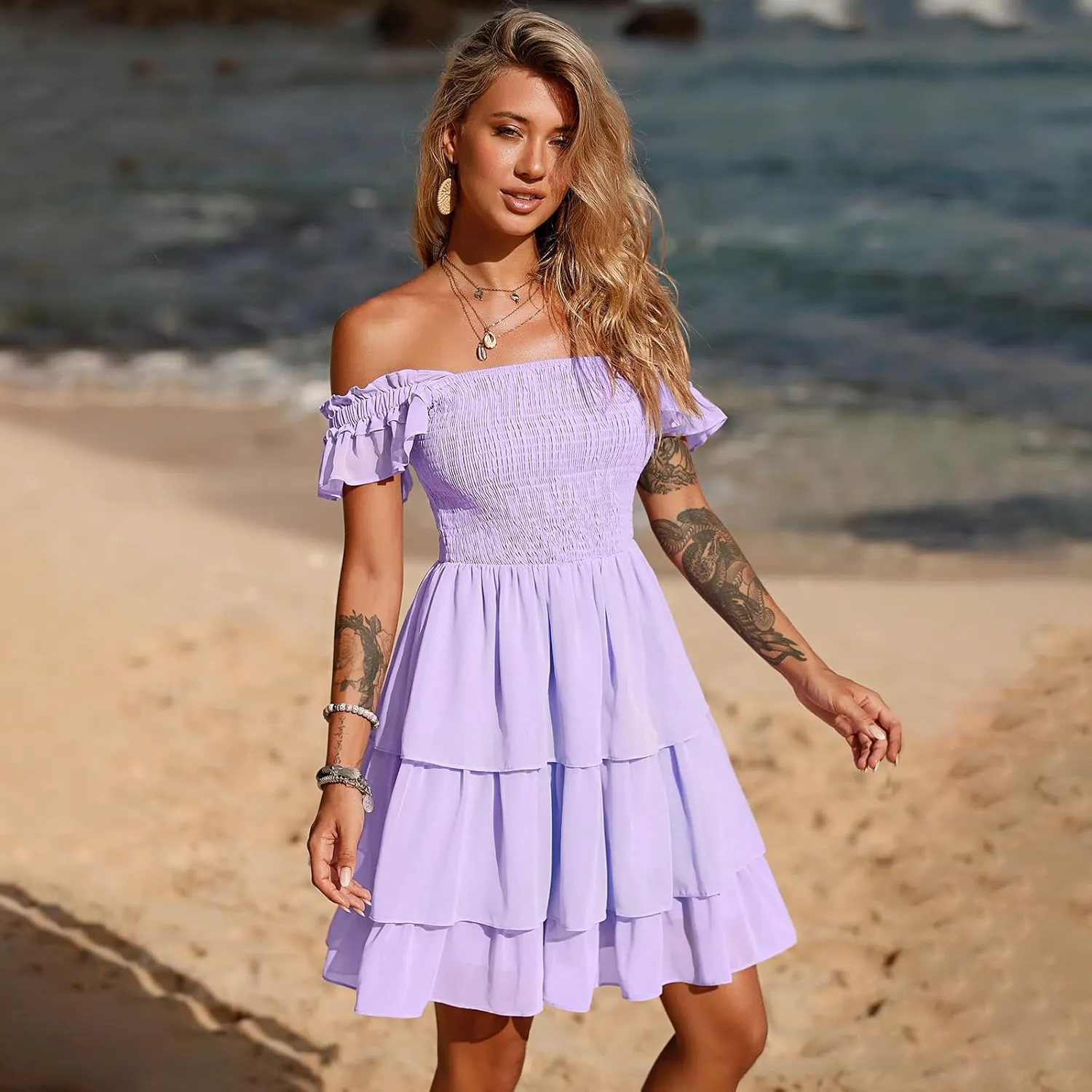 Byinns Womens Square Neck Sleeveless Ruffle Dress High Waist Backless Tiered Smocked Strappy Casual Short Mini Dresses