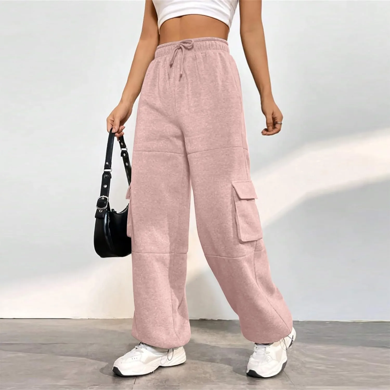 Cargo Sweatpants for Women Fleece Lined Cute Y2k Baggy Sweatpants Casual Drawstring High Waisted Joggers with Pockets