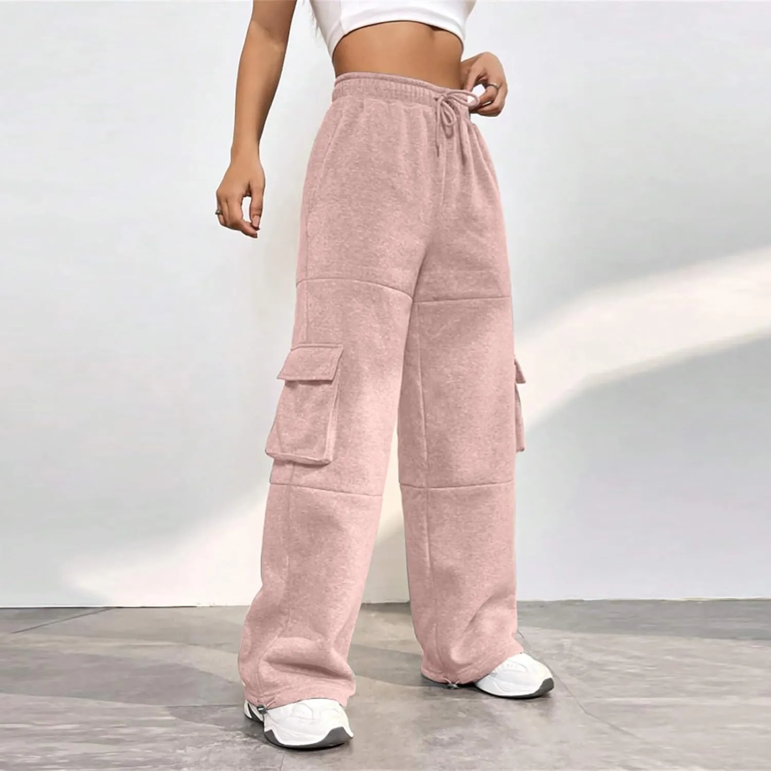 Cargo Sweatpants for Women Fleece Lined Cute Y2k Baggy Sweatpants Casual Drawstring High Waisted Joggers with Pockets
