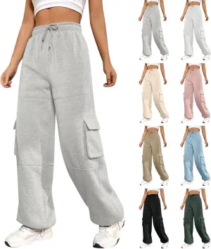 Cargo Sweatpants for Women Fleece Lined Cute Y2k Baggy Sweatpants Casual Drawstring High Waisted Joggers with Pockets