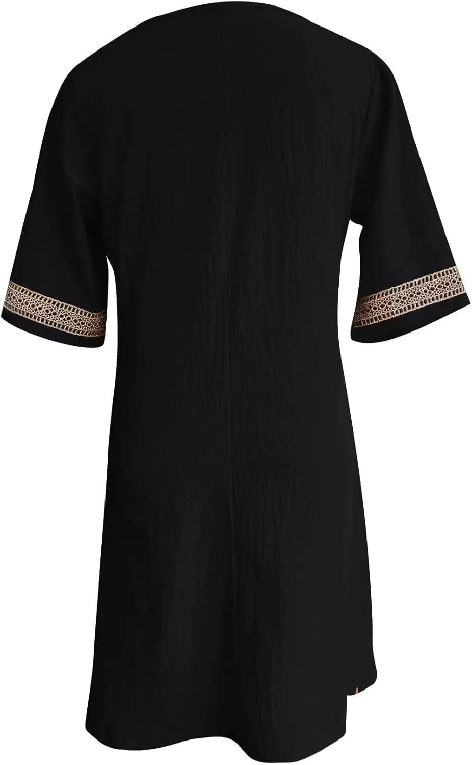 Casual Cotton Linen Dress for Women Summer V Neck Lace Trim Half Sleeve Solid Loose Midi Dress